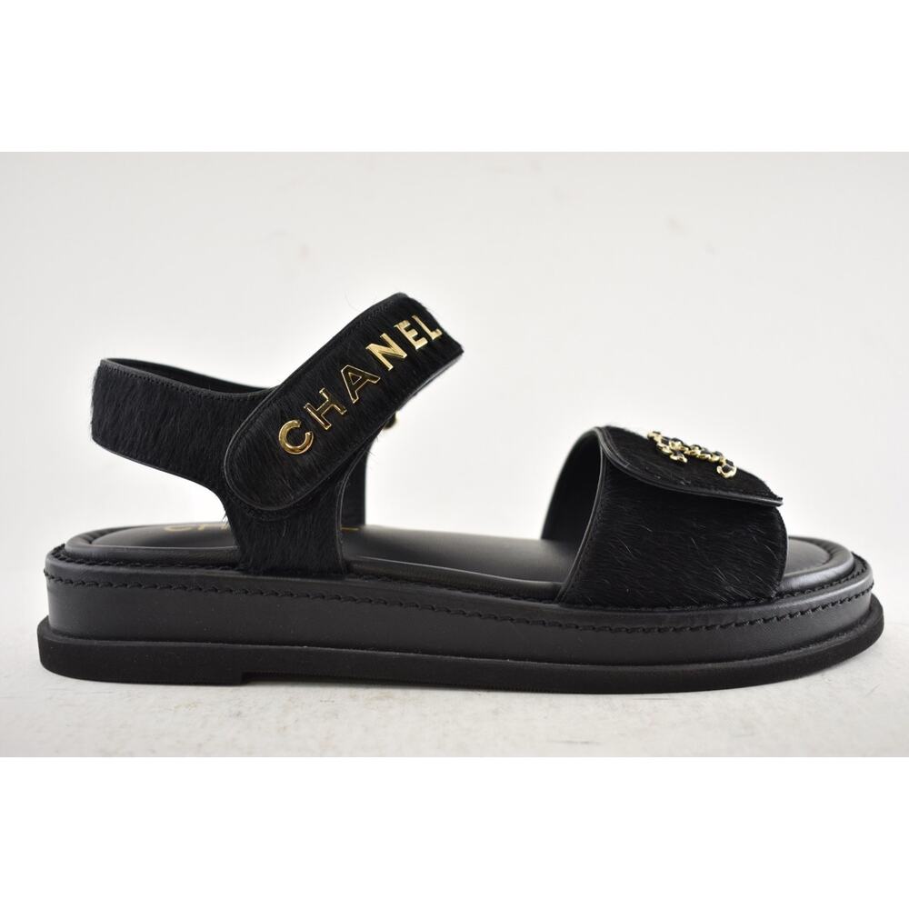 Chanel 24B Black Calf Hair Gold CC Logo Mule Slide Strap Flat Teva Dad Sandal 41 - Picture 3 of 16